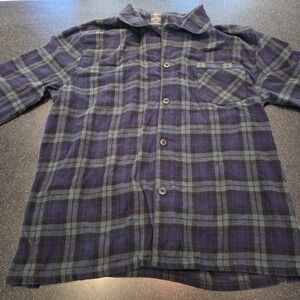 Hanes Men's Flannel Shirt L Blue Green Plaid Button Front Long Sleeve Casual...